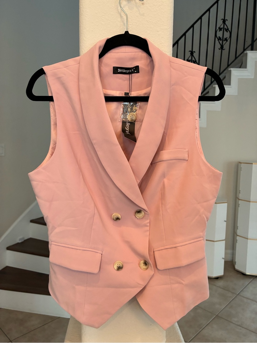 Allegra K Baby Pink Double-Breasted Sleeveless Blazer Vest with Buttons